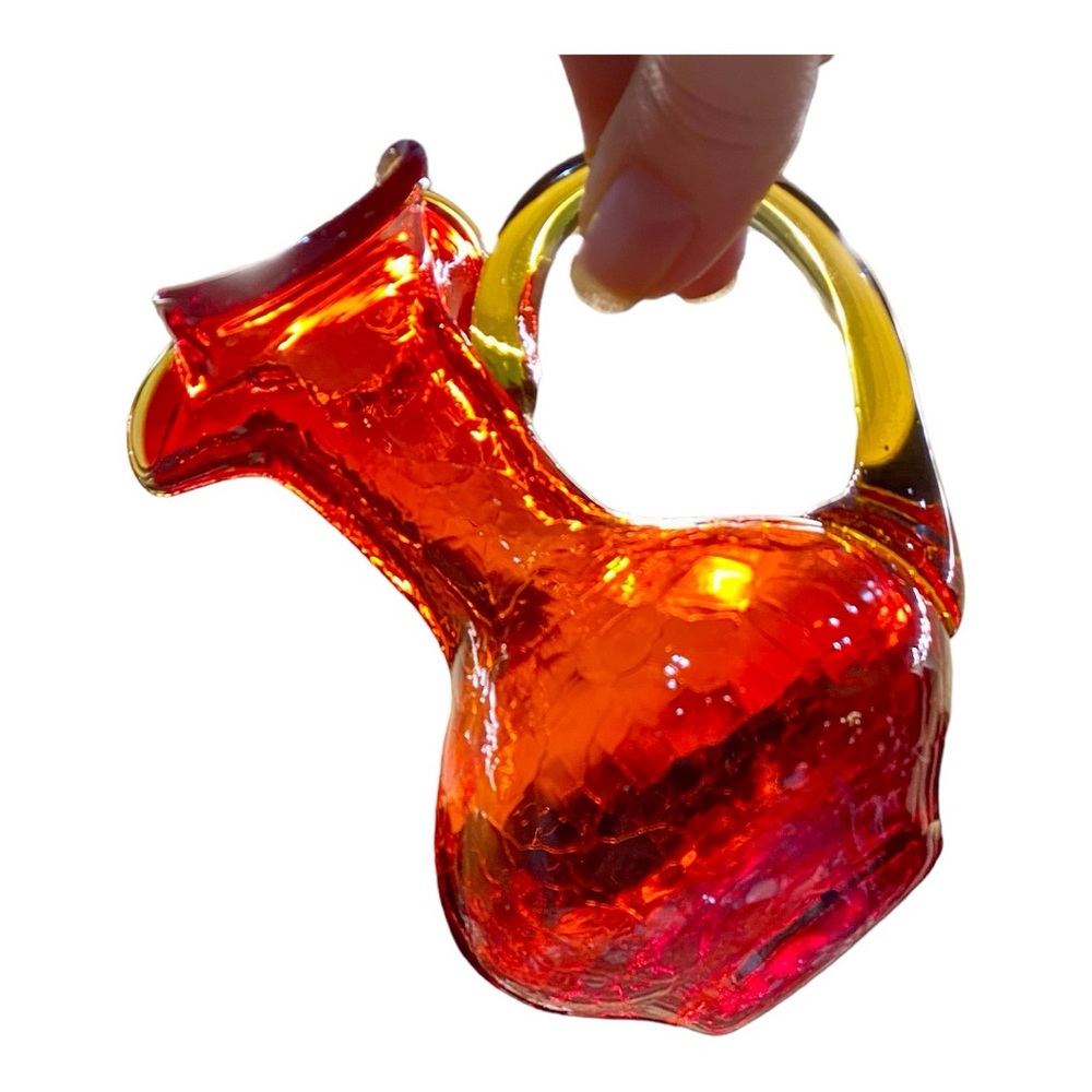 Vtg Blenko Amberina Crackle Glass Mini Pitcher UV Reactive Cadmium Glow MCM 4.5"